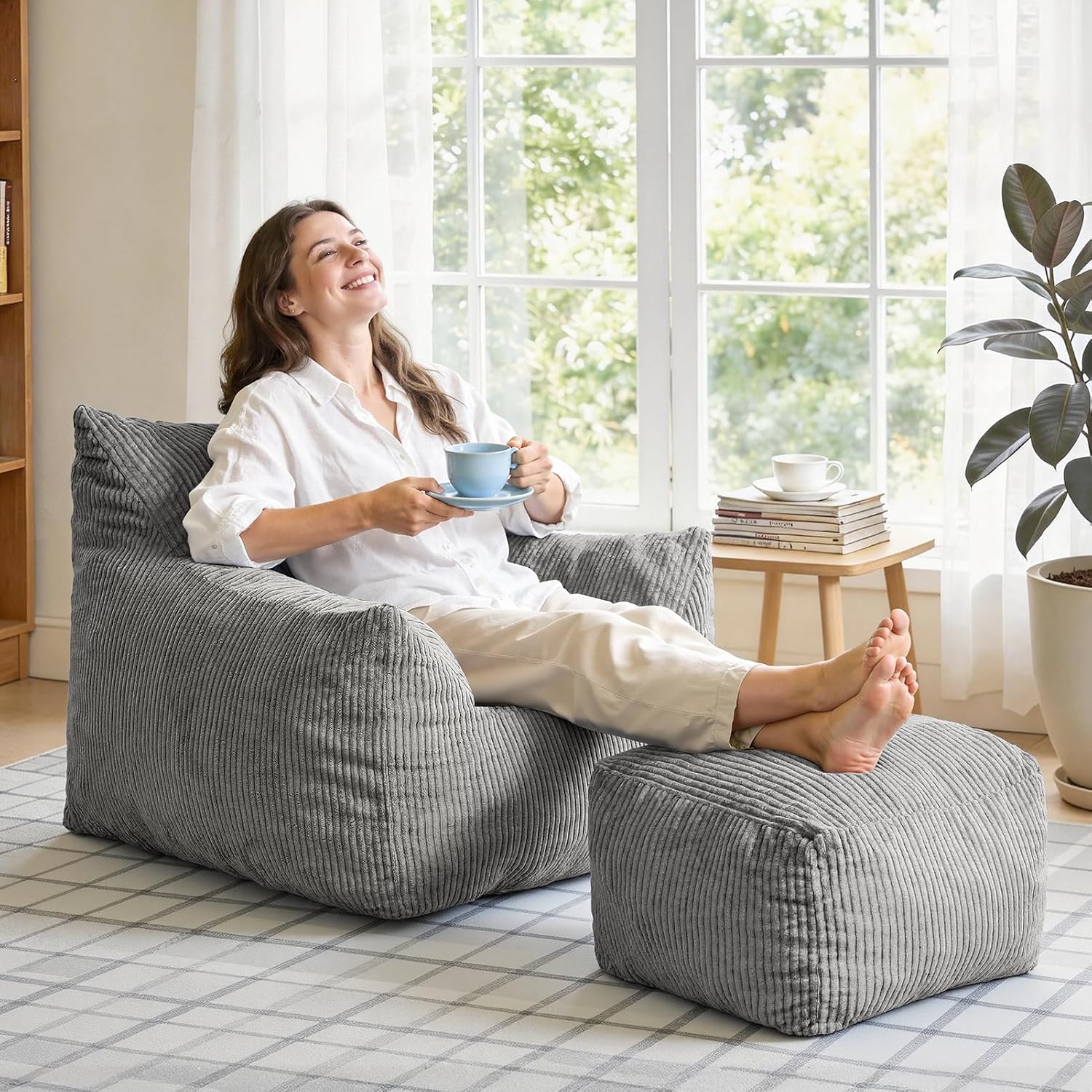 Bean Bag Chair with Ottoman, Oversized Memory Foam Cloud Boneless Couch, Plush Corduroy Beanbag Set for Adults, Teens, Gift for Bedroom, Dorm, Living Room, Reading Nook, Gaming & Lounge (Grey)