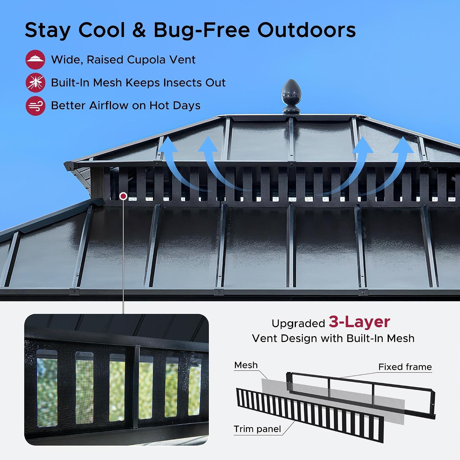 SUNJOY Kingston 12' x 10' Hardtop Gazebo with Galvanized Steel Double Roof, Curtain and Netting, Gray Aluminum Posts Permanent Pavilion Gazebo for Garden, Patio, Deck, Lawn