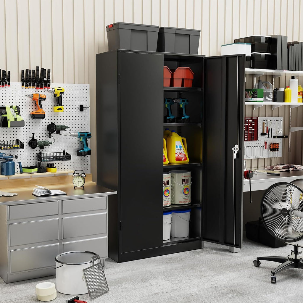 SUNCROWN 72' Metal Storage Cabinet - Heavy-Duty Metal Garage Cabinet with 4 Adjustable Shelves & 2 Doors for Tools, Office, Home, Workshop,Black
