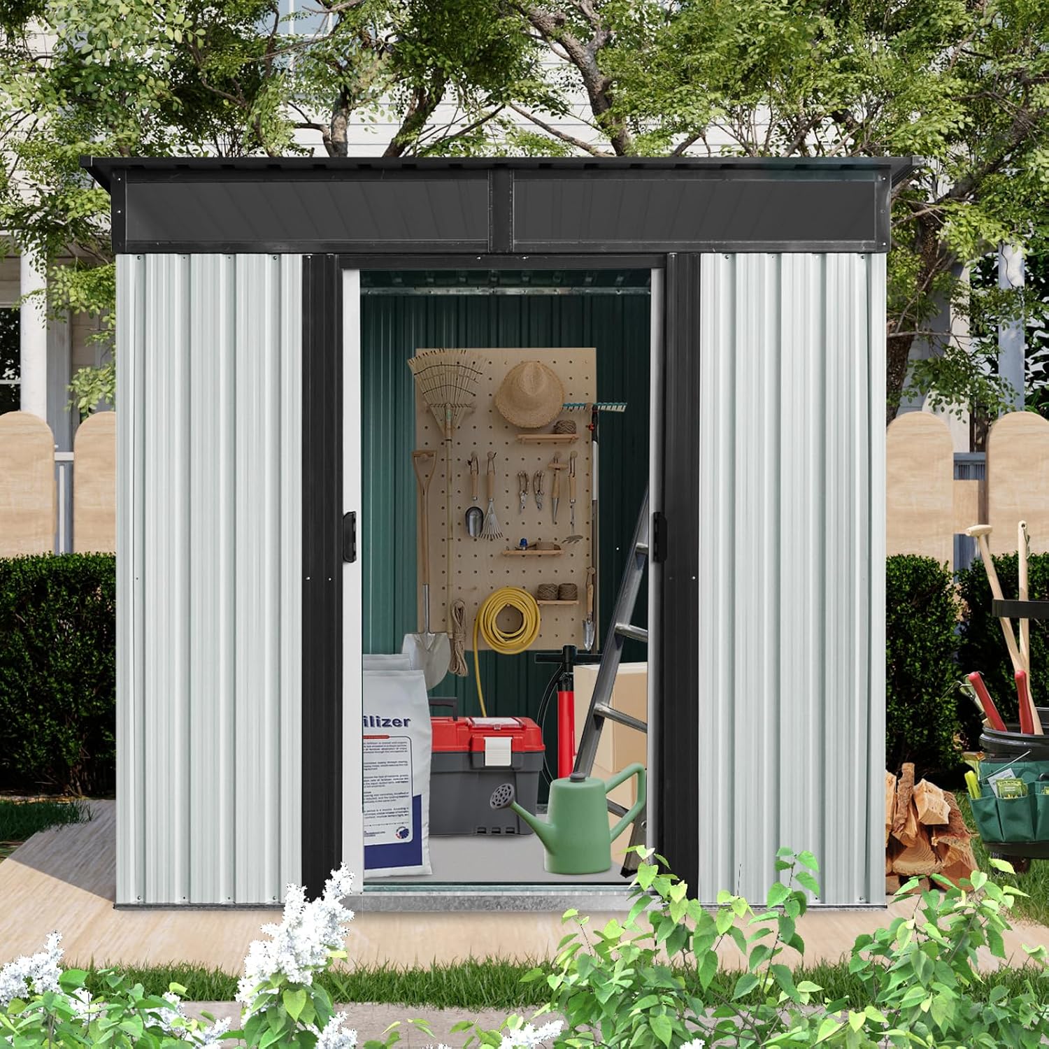 JT 6X4.5FT Outdoor Storage Shed, Galvanized Metal Garden Shed with Window and Metal Foundation, Tool Storage Shed for Patio Lawn Backyard (White-Black-with The window-6ftx4.5ft)