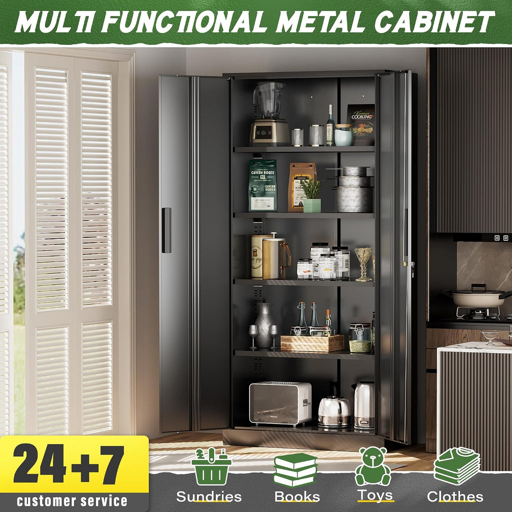 Greenvelly Metal Storage Cabinet, 72' Black Steel Garage Cabinet with Doors and Adjustable Shelves, Metal Cabinet with Lock,Garage Cabinets and Storage System for Garage,Home Office,School