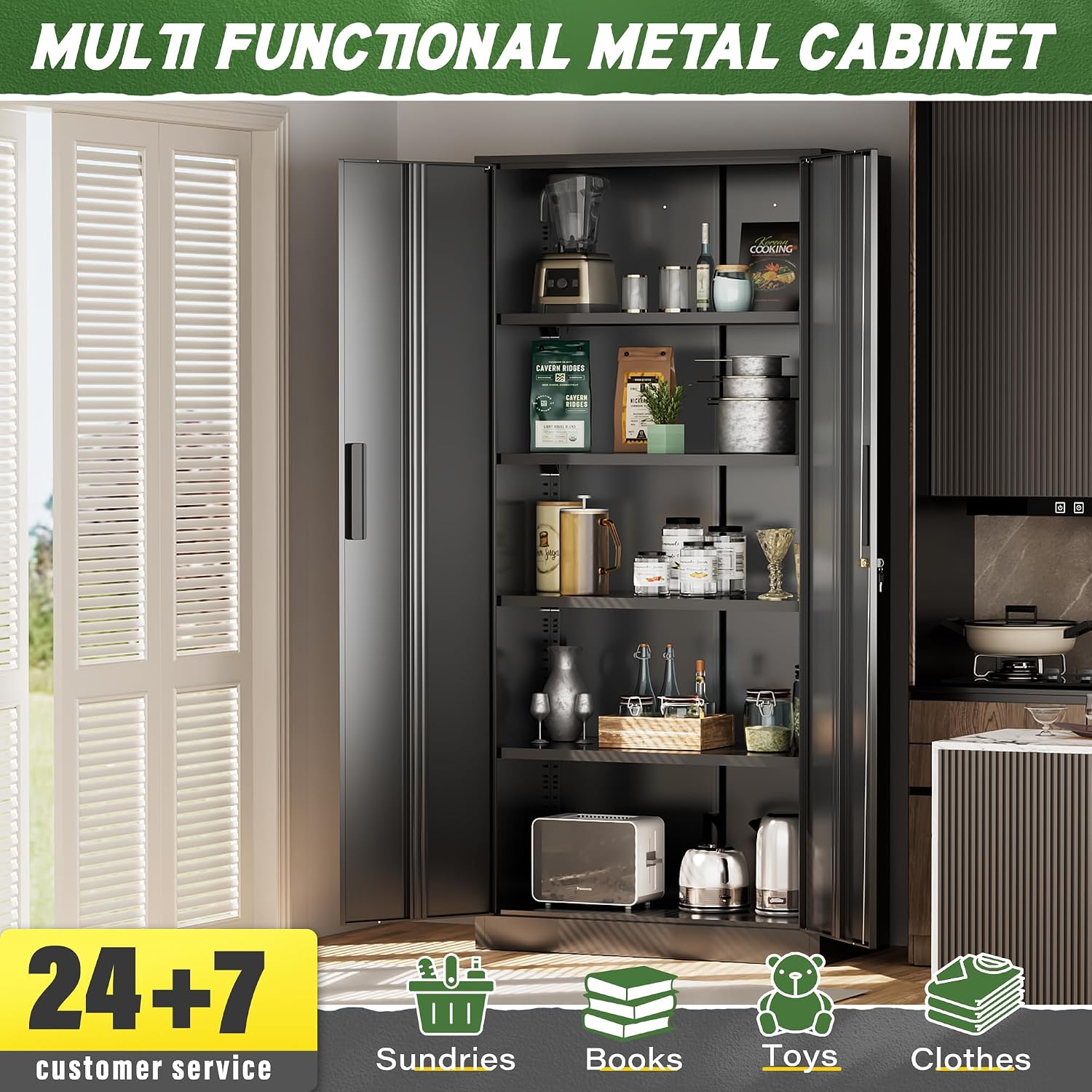 Greenvelly Metal Storage Cabinet, 72' Black Steel Garage Cabinet with Doors and Adjustable Shelves, Metal Cabinet with Lock,Garage Cabinets and Storage System for Garage,Home Office,School