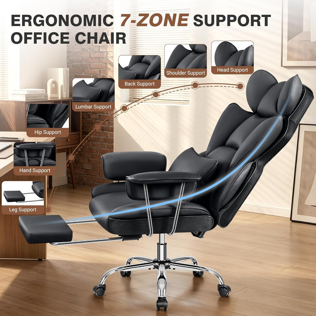 ALLGOD Office Chair Comfy, Big and Tall Executive Leather Chair, High Back Ergonomic Wide Chair with Footrest, Reclining Computer Desk Chair, Heavy Duty Gaming Chair with Padded Arm and Pillow, Black