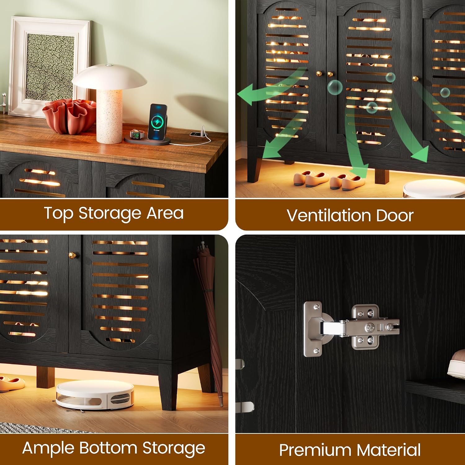 Vlsrka Shoe Cabinet with 3 Doors, Narrow Wooden Shoe Cabinet, Hidden Shoe Storage for Entryway, Foyer, Hallway (Black C)