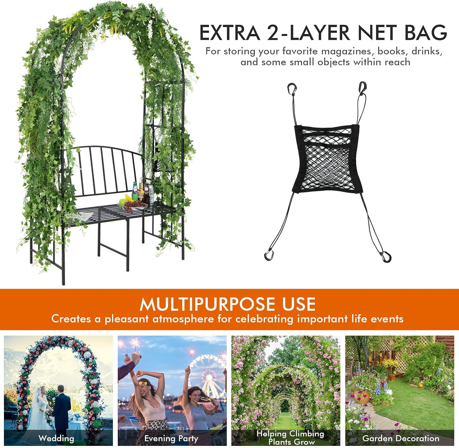 Giantex 81in Metal Garden Arch with Bench, Outdoor Garden Arbor Archway Trellis for Climbing Plants Vines, 2-Person Bench Loads 660 lbs, Patio Trellis Pergola Arches for Wedding Party Ceremony Decor