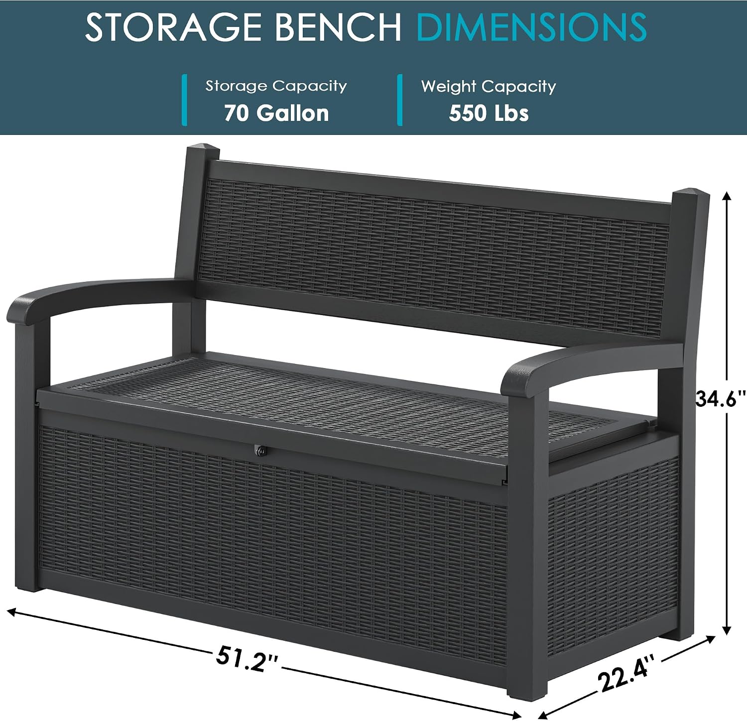 LHBGO 70 Gallon Storage Bench Deck Box for Patio Furniture with Armrest Bench Outdoor Storage