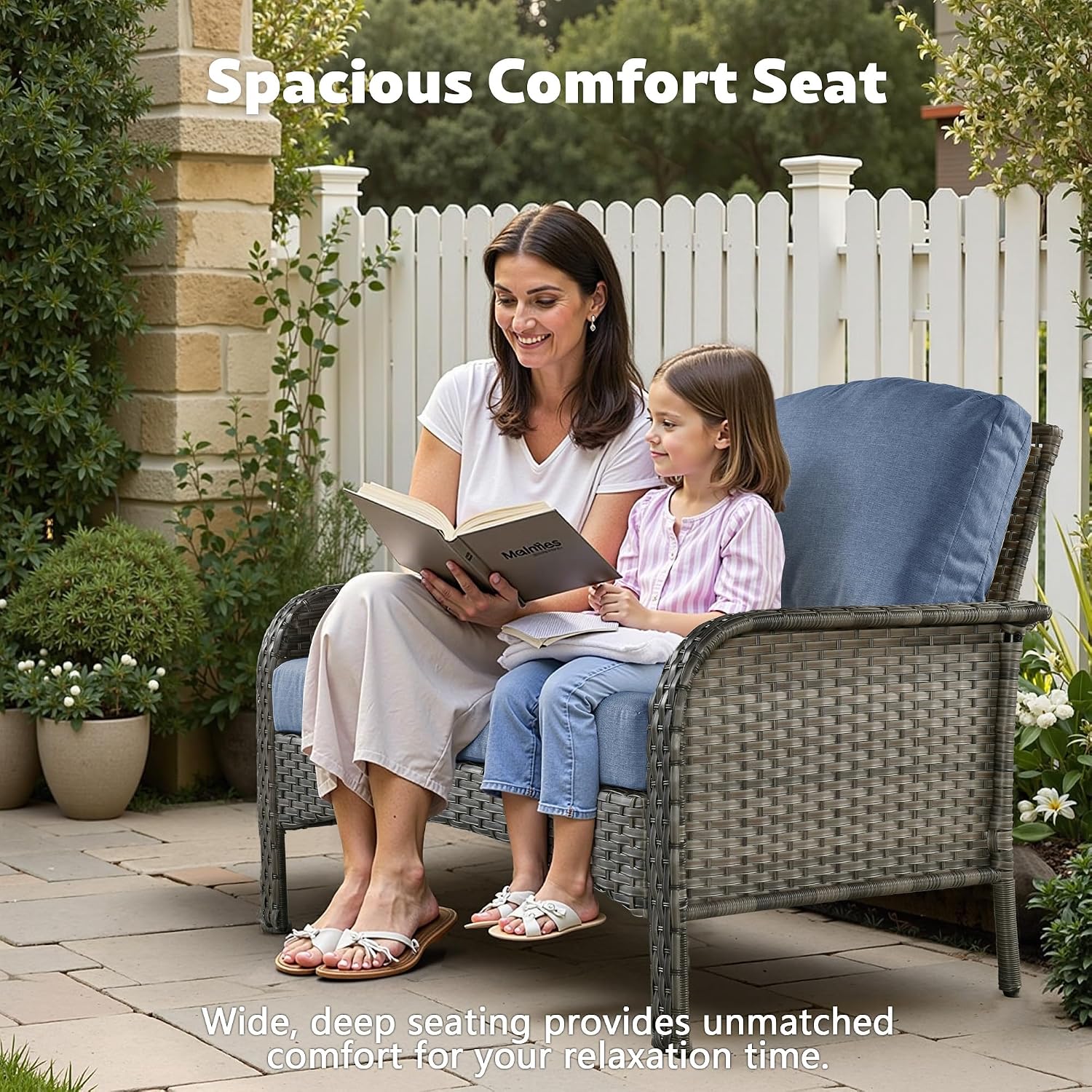 CAODOC 4-Piece Wicker Patio Furniture Set, All-Weather Rattan Conversation Bistro Loveseat Chair and Table Set for Backyard, Balcony and Deck with Soft Cushions and Metal Table(Blue)