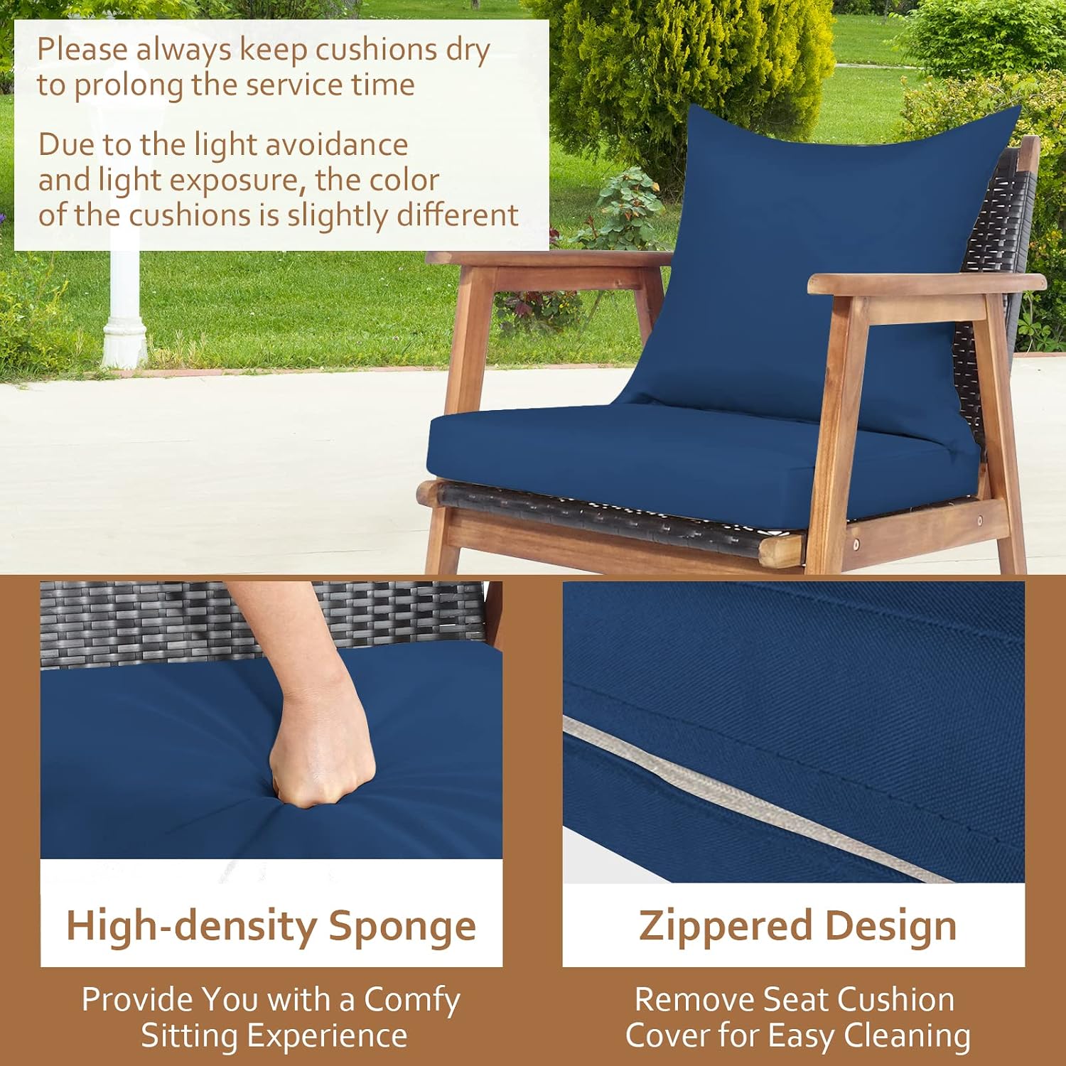 Tangkula 8-Piece Patio Furniture Set, Outdoor Acacia Wood Conversation Set with Cushions and Coffee Table, Outdoor PE Wicker Sectional Sofa Set for Garden, Poolside and Backyard (2, Navy)