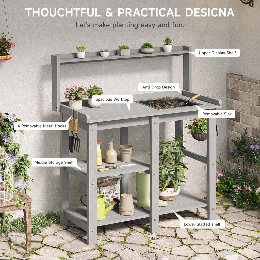 ONBRILL Potting Bench, Outdoor Potting Bench Table with Removable Sink, HDPS Potting Benches for Outside, Garden Table with Storage Shelves & 4 Side Hooks, No Rot, No Fade, No Break, 360lbs Capacity