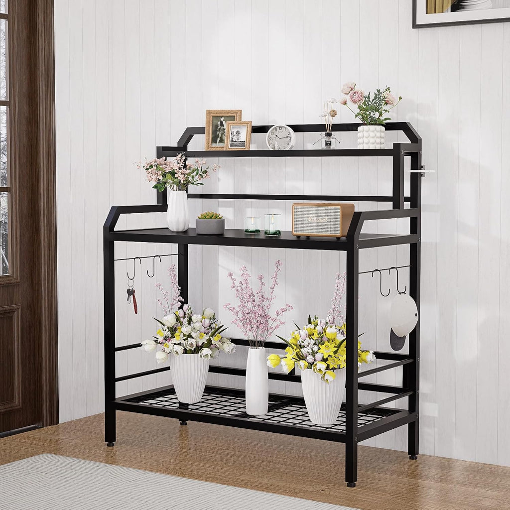Outdoor Metal Potting Bench Table with Storage,3-Tier Heavy Duty Garden Workbench,All-Weather Gardening Table with 4 Side Hooks,18' D x 39' W x 32' - 47' H,Black