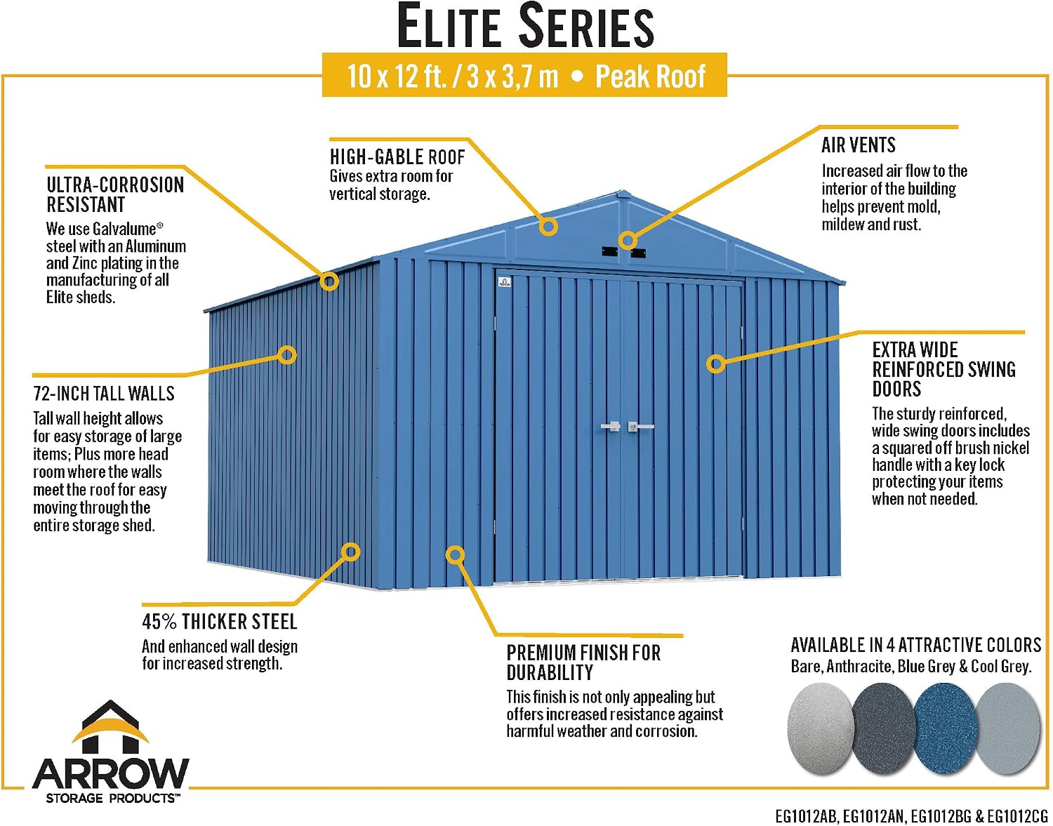Arrow Shed Elite 10' x 12' Tall Outdoor Steel Storage Shed with High Gable and Lockable Doors Storage Building, Anthracite