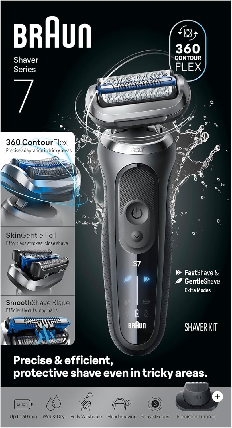 Braun Electric Shaver for Men, Series 7 7120s, Wet & Dry Shave, Turbo & Gentle Shaving Modes, Waterproof Foil Shaver, with Precision Trimmer, Space Grey