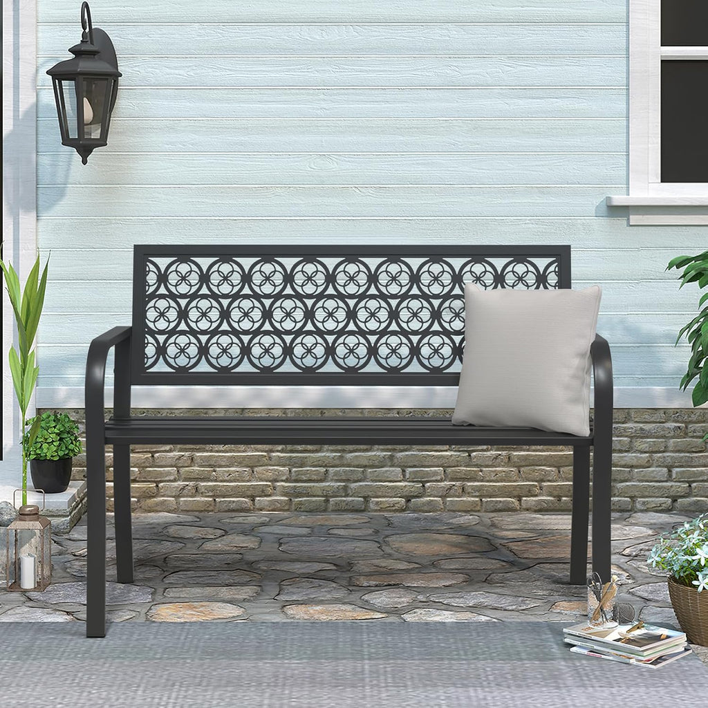 50' Outdoor Bench, Metal Weatherproof Garden Bench Cast Iron Heavy-Duty Patio Bench with Decorative Backrest for Proch Park 880lb Capacity