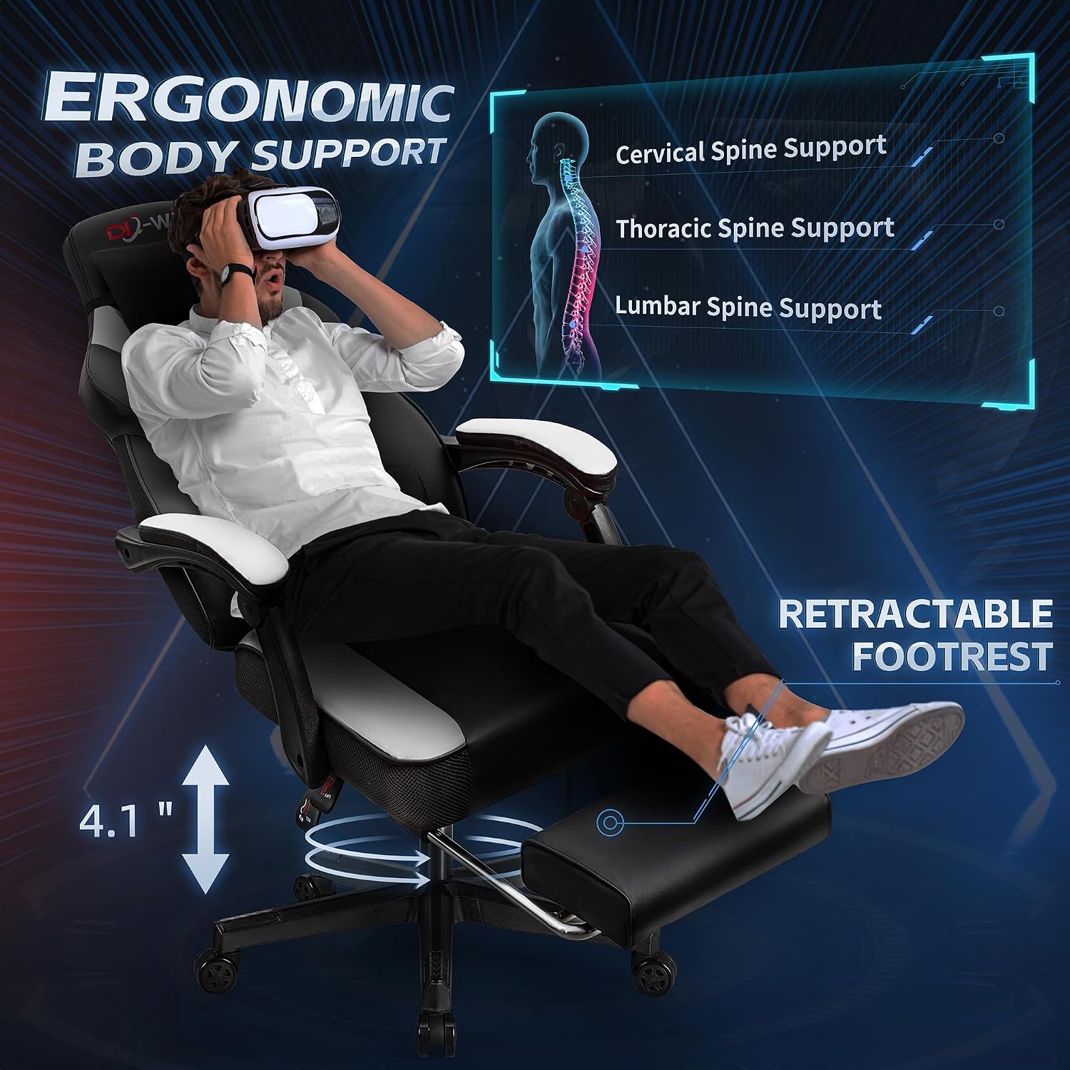 Gaming Chair with Footrest & Lumbar Support, Ergonomic Racing Style Computer Chair, 360° Swivel Height Adjustable Video Game Chair, Massage Office Chair Gaming Equipment, White