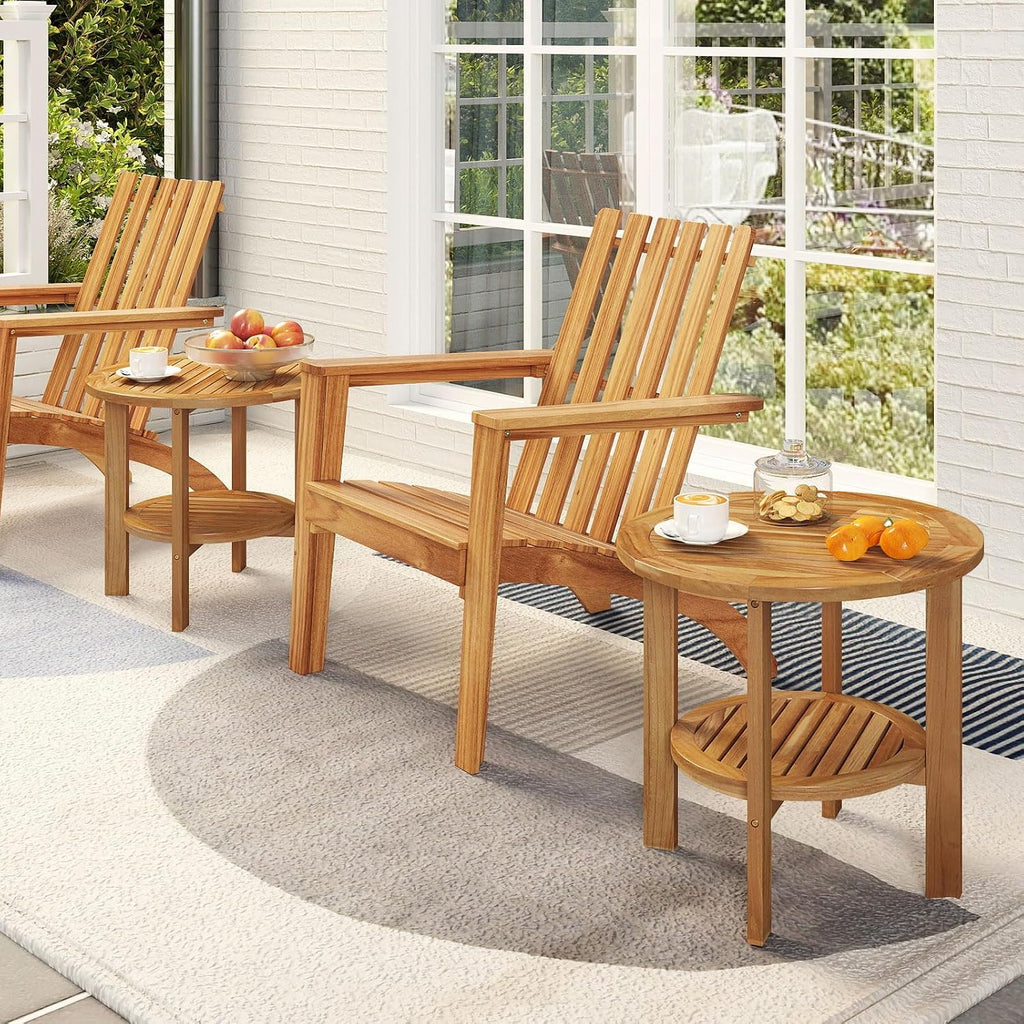 Tangkula Outdoor Round Side Table, 19.5 Inches Teak Wood Patio Table with Slatted Tabletop & Storage Shelf, 2-Tier Heavy Duty Small End Table for Backyard, Porch, Deck, Yard, Garden, Natural
