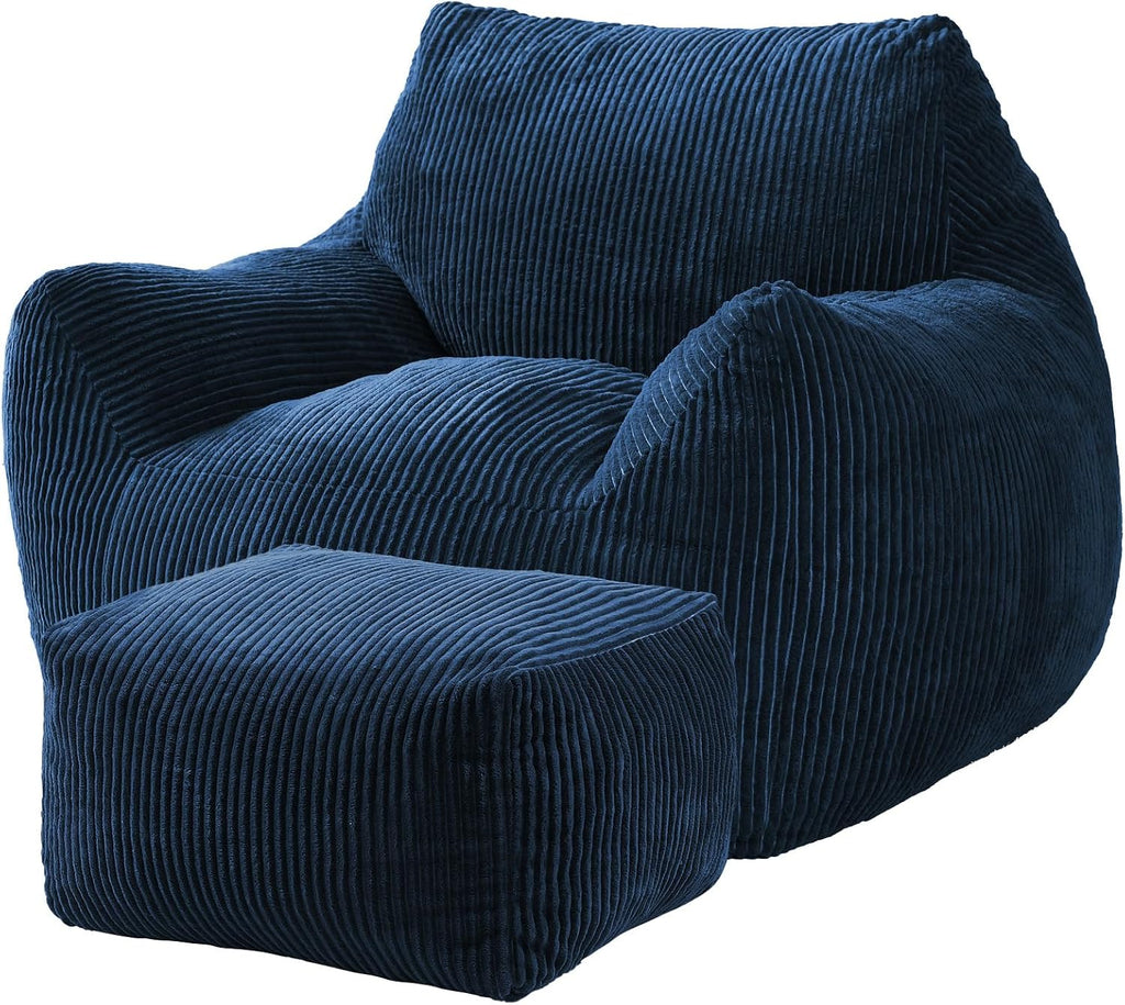 Big Bean Bag Chair for Adults, Ultra Soft Living Room Bean Bag with Armrests & Ottoman, Stuffed BeanBag Chair for Napping, Gaming, Vacuum-Compressed for Easy Gifting, 48h to Expand,Navy Blue