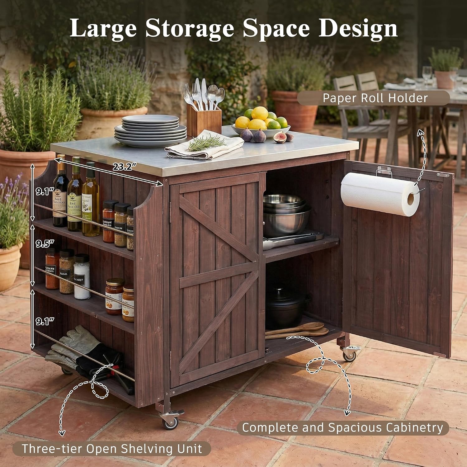 LUMISOL Outdoor Rolling Kitchen Cart with Stainless Steel Top, 42.1' Grill Cart with Adjustable Shelf and 4 Wheels, Farmhouse Kitchen Island with Side Shelf and Storage Cabinet, Dark Brown