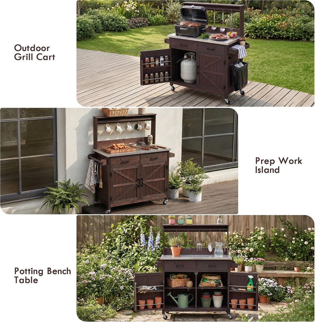 LUMISOL Outdoor Grill Cart with Stainless Steel Top, Solid Wood Kitchen Island with Lockable Wheels & High Shelf, Large Outdoor Potting Bench Table with Storage Cabinet & Towel Rack, Brown