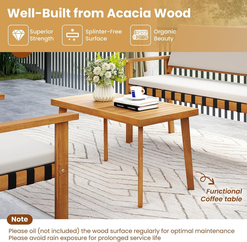 Tangkula Acacia Wood Patio Furniture Set, 4 Piece Thick Cushioned Outdoor Conversation Set with 800lbs Capacity Loveseat, 2 Armchairs and Coffee Table, for Backyard, Garden, Deck