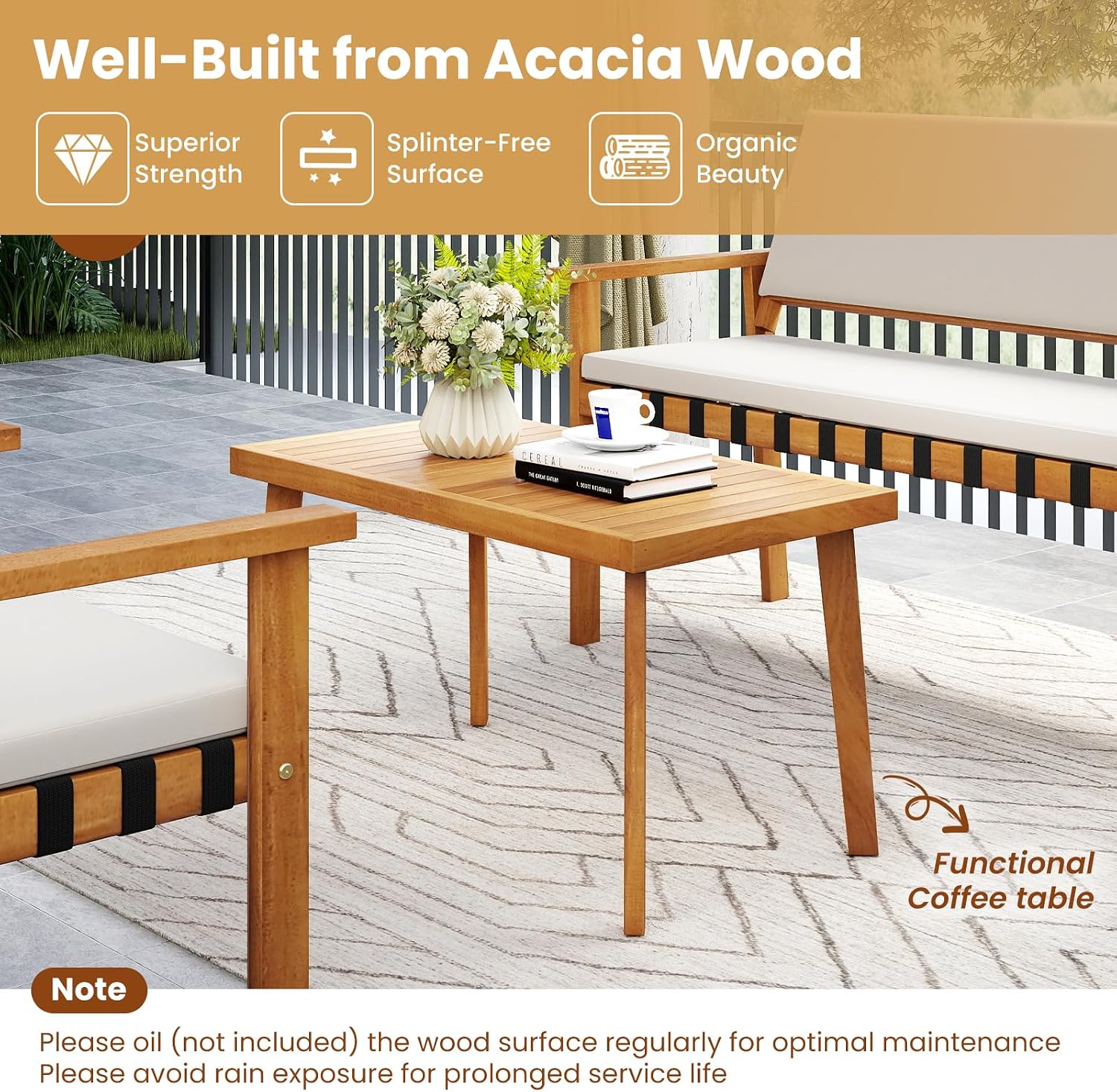 Tangkula Acacia Wood Patio Furniture Set, 4 Piece Thick Cushioned Outdoor Conversation Set with 800lbs Capacity Loveseat, 2 Armchairs and Coffee Table, for Backyard, Garden, Deck