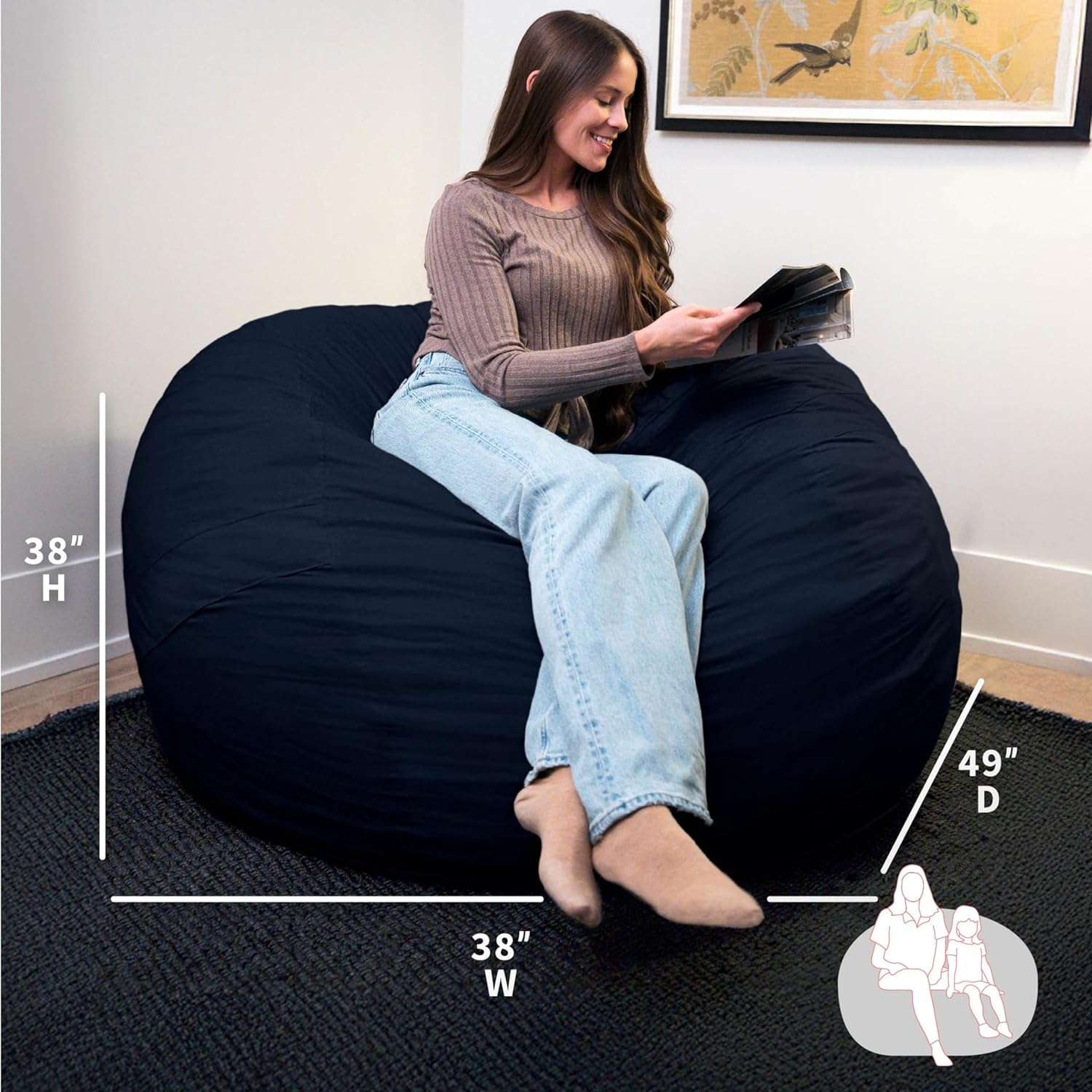 Big Joe Fuf 5Ft Oversized Foam Bean Bag Chair with Removable Cover for Kids, Teens, Adults, Cobalt Lenox, Durable Woven Polyester, 5 foot Large Reading and Gaming Seat