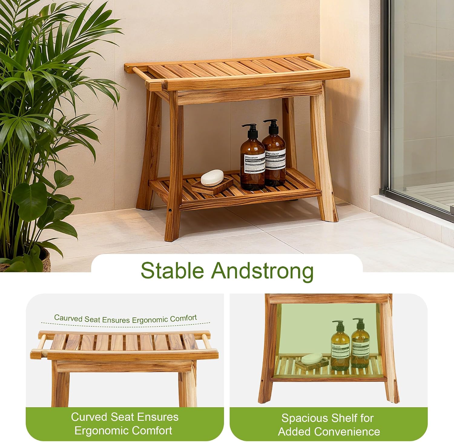24' Solid Teak Shower Bench with Towel Bar & Storage Shelf - Waterproof Bath Stool with Fixed Non-Slip Feet, 300lbs Capacity
