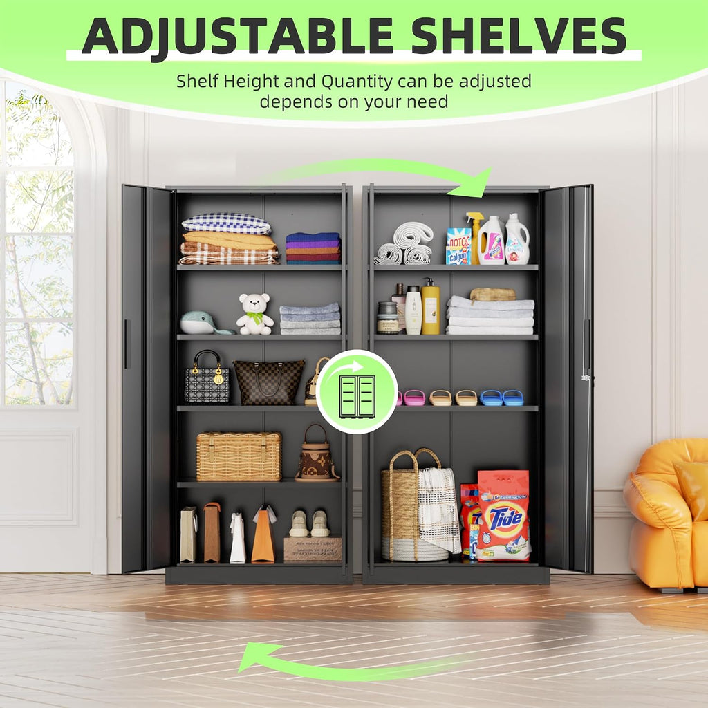 SUNCROWN 72' Metal Storage Cabinet - Heavy-Duty Metal Garage Cabinet with 4 Adjustable Shelves & 2 Doors for Tools, Office, Home, Workshop,Black-Small