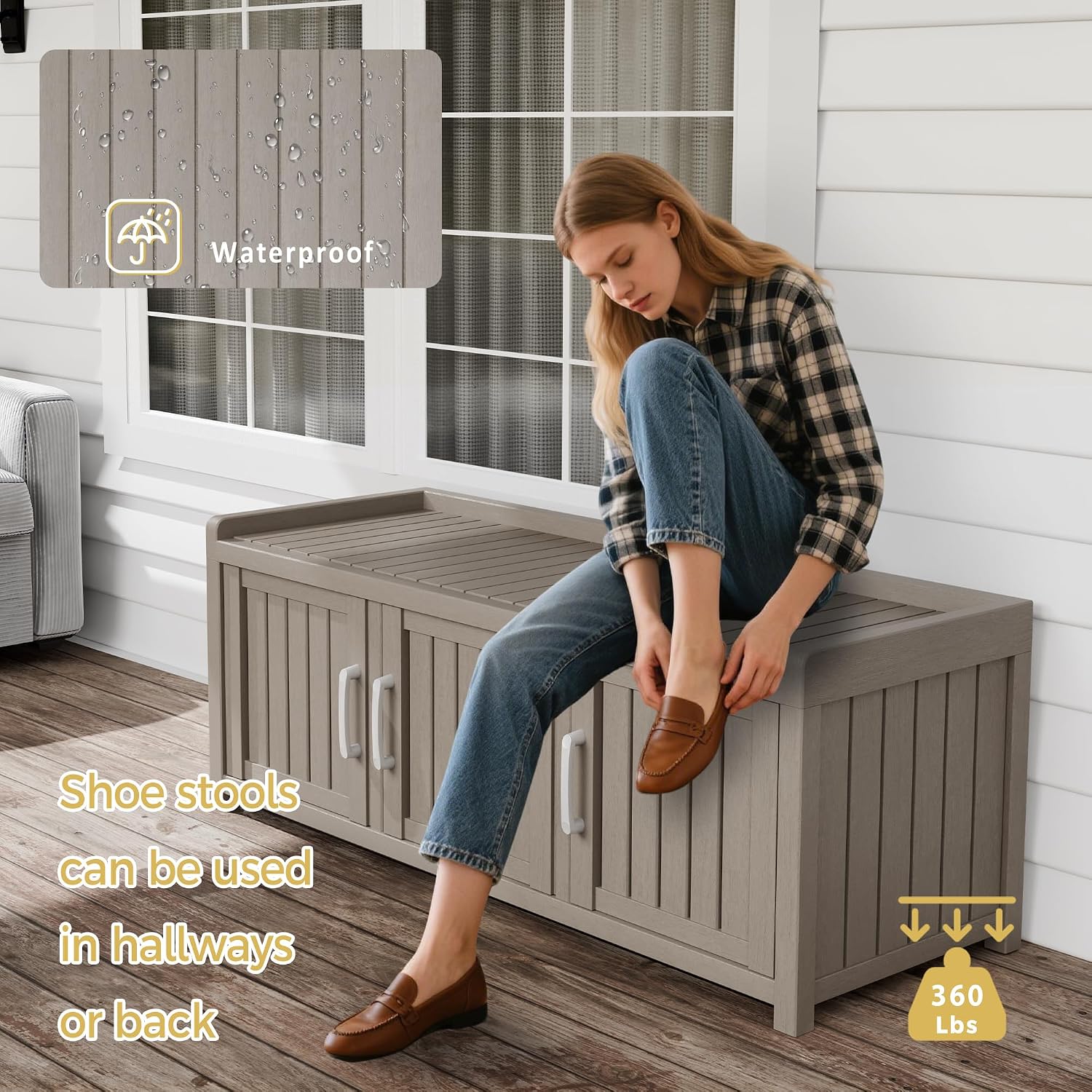 Shoe Bench - Waterproof Resin Storage Bench with Adjustable Shelves - Indoor & Outdoor Use, 3 Doors Entryway Bench with Hidden Storage Space - Storage Cabinet for Bedroom, Hallway, Grey