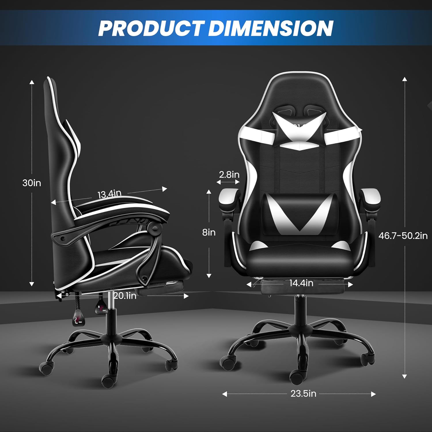 YSSOA Gaming Chair, Computer Chair with Footrest, Height Adjustable & 90°-135° Tilt Function, Swivel Recliner Ergonomic Racing Style Video Game Chair with Lumbar Support (Black/White)