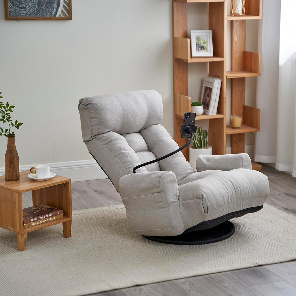 360° Swivel Floor Gaming Chair with 5 Position Adjustable, Folding Gaming Sofas with Phone Holder & Pockets, Cushion Padded Chaise Lounge Chair for Adults, Home Office Floor Leisure Chairs, Grey