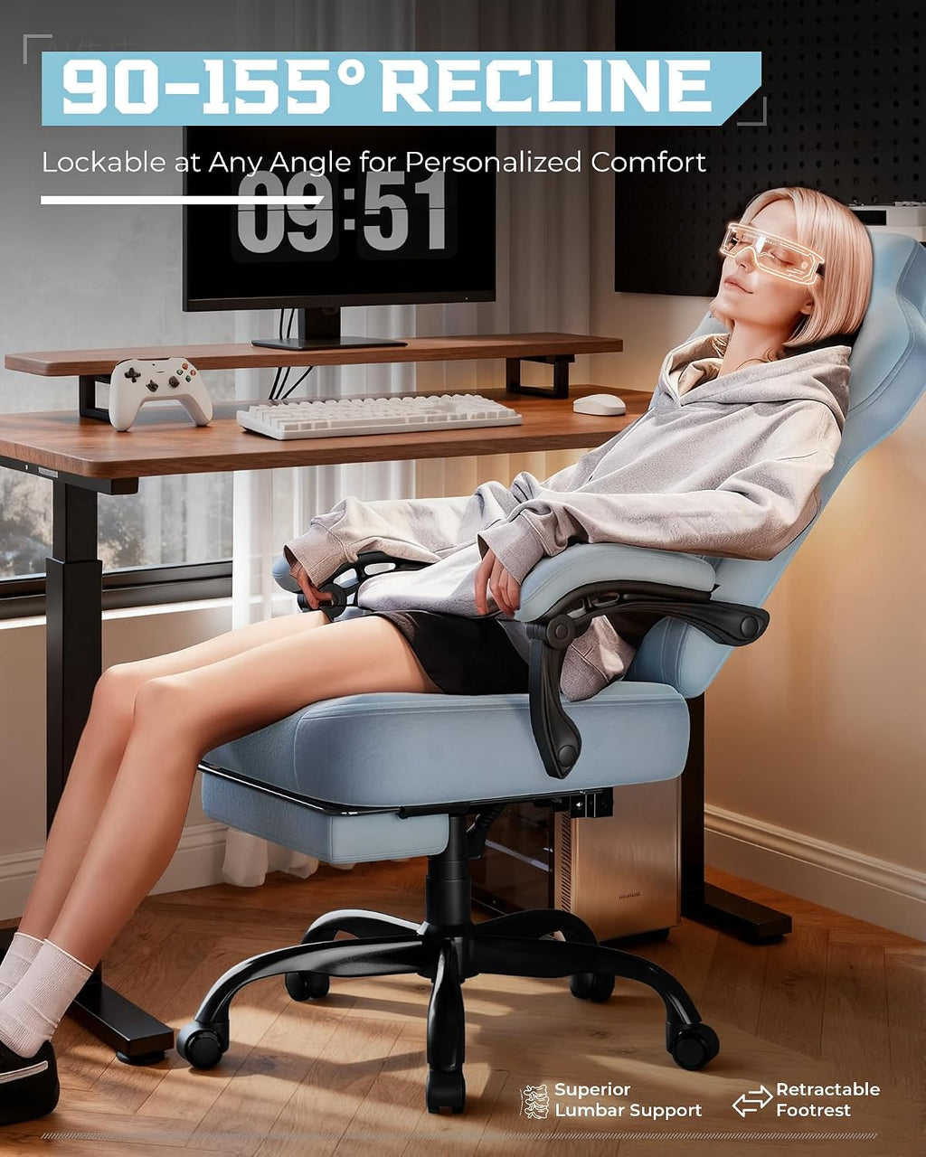 GTPLAYER Gaming Chairs for Adult - Ergonomic Big & Tall Gaming Seat with Footrest & Lumbar Support, Comfortable Office Chair 90-155° Reclining - Heavy Duty Wide Computer Seat, Blue