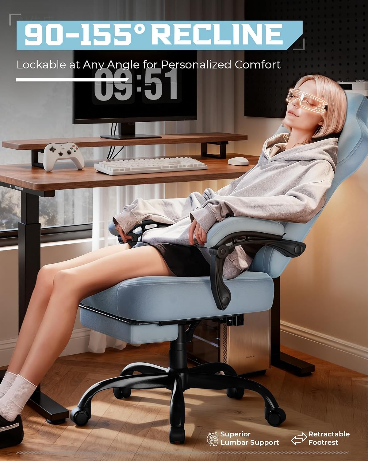 GTPLAYER Gaming Chairs for Adult - Ergonomic Big & Tall Gaming Seat with Footrest & Lumbar Support, Comfortable Office Chair 90-155° Reclining - Heavy Duty Wide Computer Seat, Blue