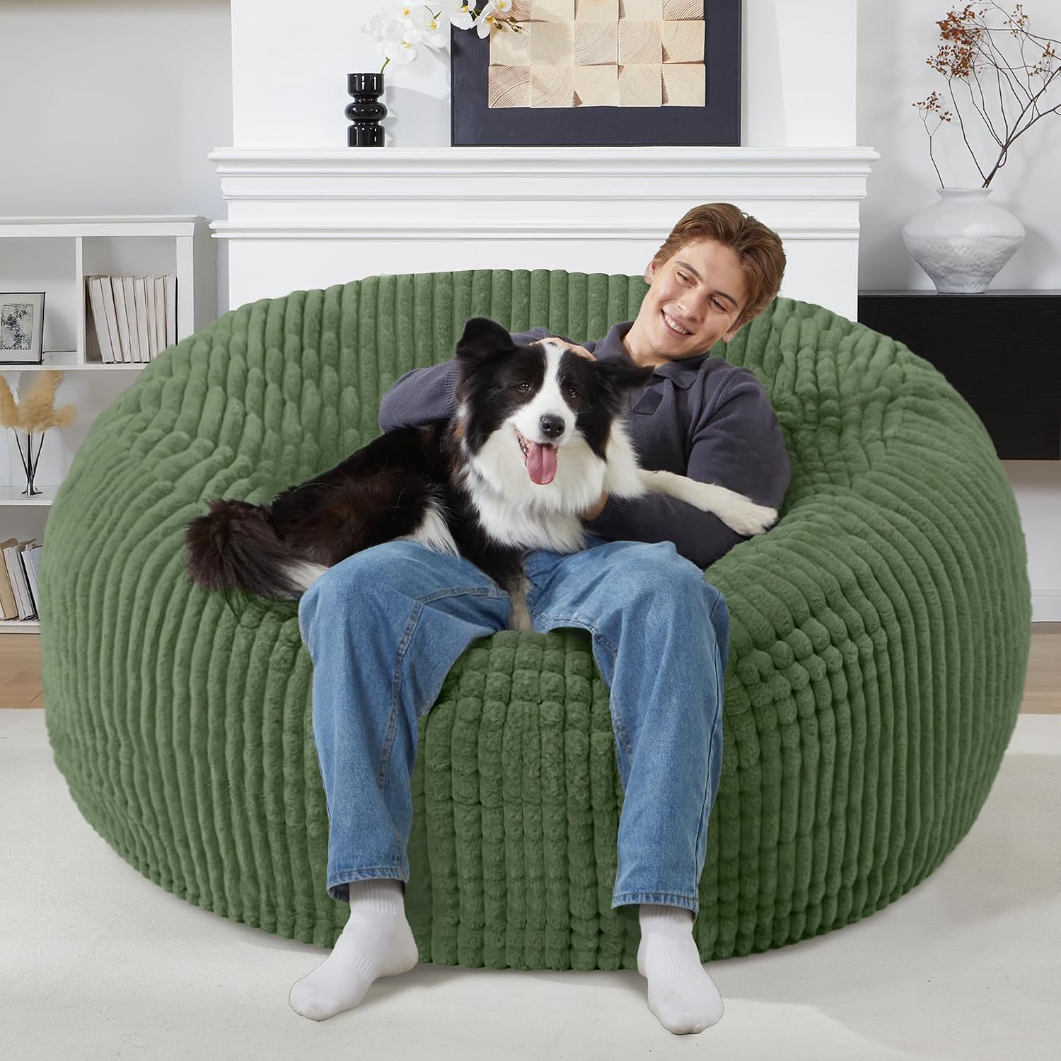Homguava 6 FT Bean Bag Chair,6' Big Bean Bag,Giant Bean Bag Chairs for Adults with Memory Foam Filled,Comfy Large Beanbag Chairs Soft Bean Bag Sofa with Dutch Corded Plush Cover-Green