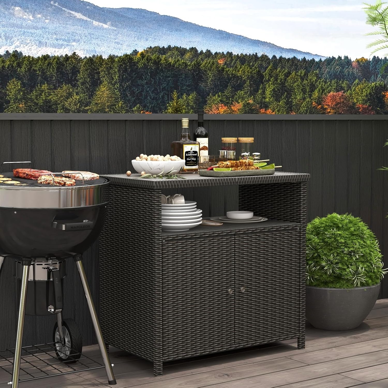Grand patio Wicker Storage Cabinet Outdoor Wicker Sideboard Waterproof Buffet Cabinet for Garden Kitchen Pool Dark Brown