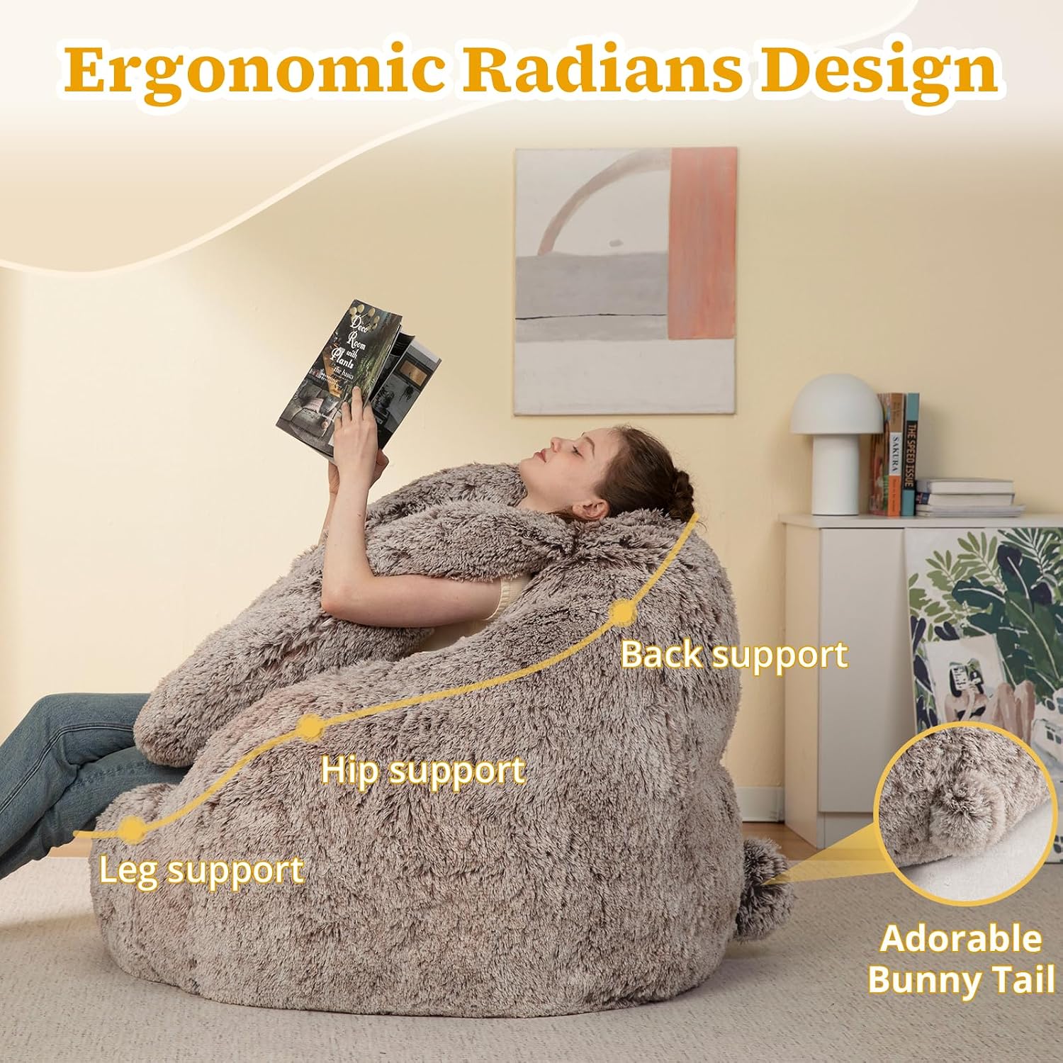 Achicsofar Bean Bag Chair for Adults Kids Giant Fluffy Plush Bean Bag Sofa with Filler Faux Fur Rabbit Shaped Beanbag Chairs Comfy Accent Floor Couch for Gaming, Reading in Bedroom, Living Room, Dorm