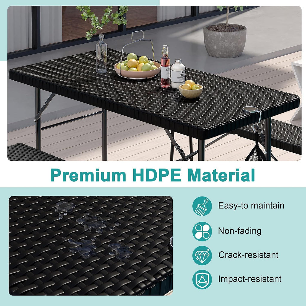 VECELO 3 Piece Folding Picnic Table with 2 Benches, 47.2' Faux Rattan Patio Set with Mesh Bag, Heat-Resistant & Waterproof, for Indoor Outdoor Use, Black