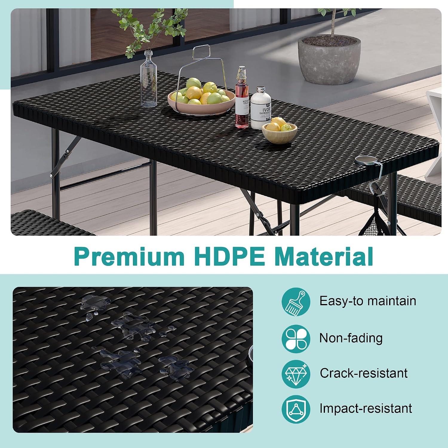 VECELO 3 Piece Folding Picnic Table with 2 Benches, 47.2' Faux Rattan Patio Set with Mesh Bag, Heat-Resistant & Waterproof, for Indoor Outdoor Use, Black