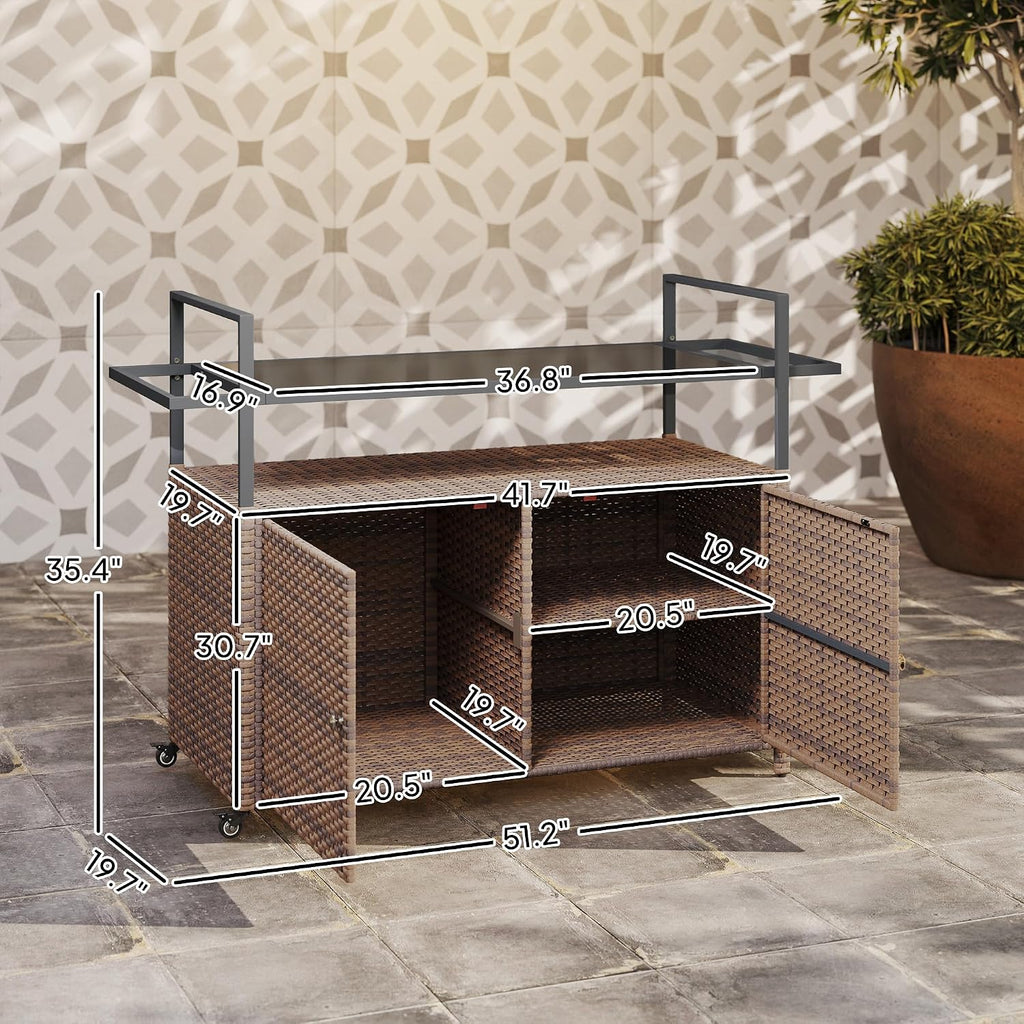 Outsunny PE Rattan Outdoor Storage Cabinet, Wicker Outdoor Bar Table Kitchen Island with Wheels & 2-Tier Shelf, Patio Serving Cart with Glass Top, Handles, Towel Racks for Poolside, Mixed Brown