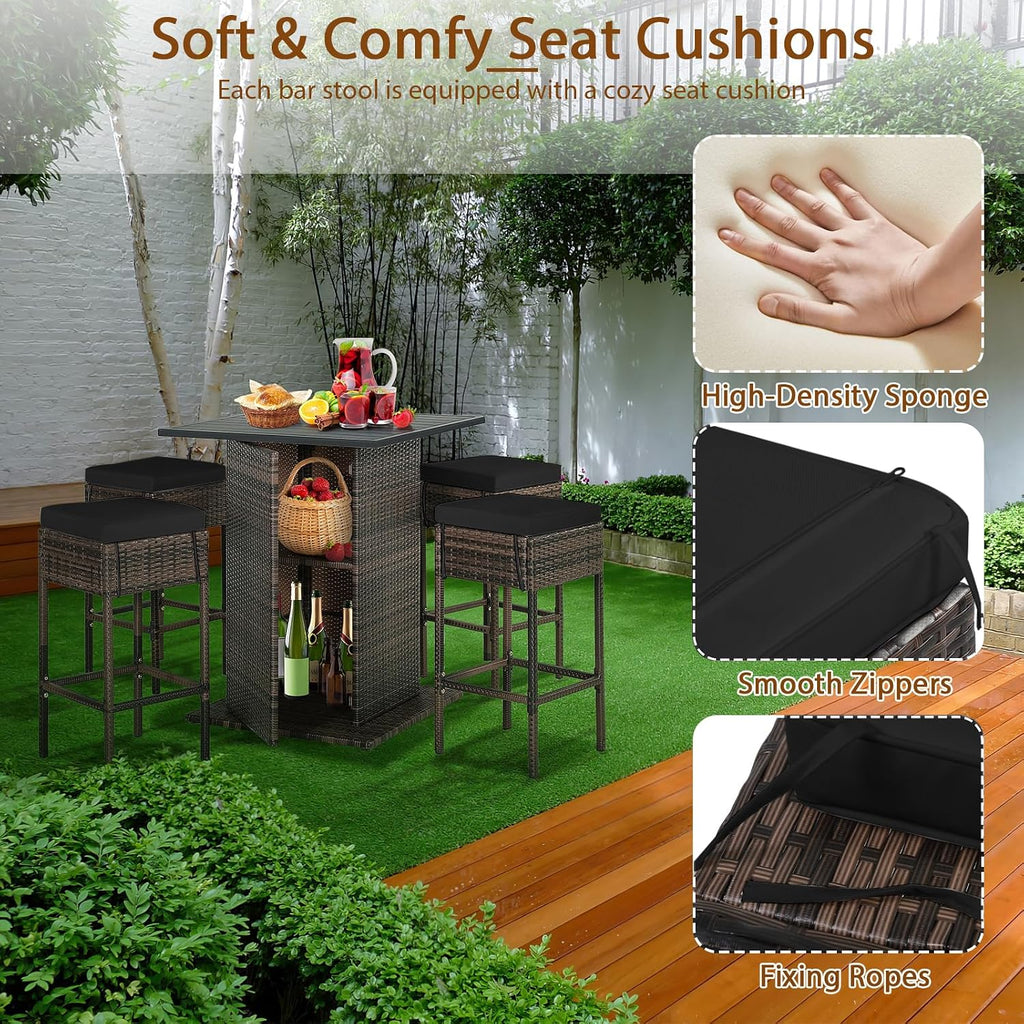 Tangkula 5 Piece Outdoor Rattan Bar Set, Patio Bar Furniture with 4 Cushions Stools and Smooth Top Table with Hidden Storage Shelf, Outdoor Conversation Set for Poolside, Backyard, Lawn