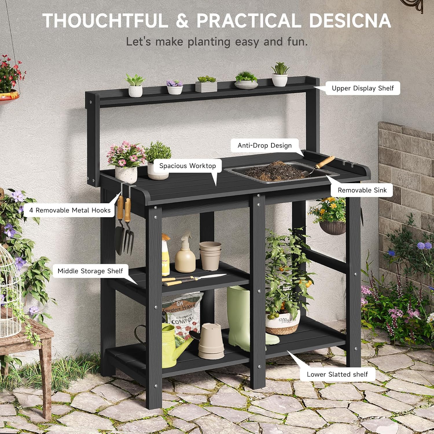 ONBRILL Potting Bench, Outdoor Potting Bench Table with Removable Sink, HDPS Potting Benches for Outside, Garden Table with Storage Shelves & 4 Side Hooks, No Rot, No Fade, No Break, 360lbs Capacity