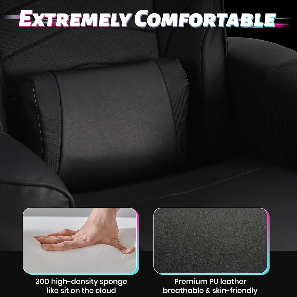 Game Reclining Chair with Adjustable Height, PU Gaming Chair with Massage, Long Footrest and Lumbar Support, High Back Swivel Computer Game Chair for Adult(Black)