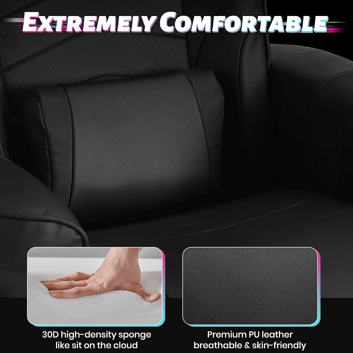 Game Reclining Chair with Adjustable Height, PU Gaming Chair with Massage, Long Footrest and Lumbar Support, High Back Swivel Computer Game Chair for Adult(Black)