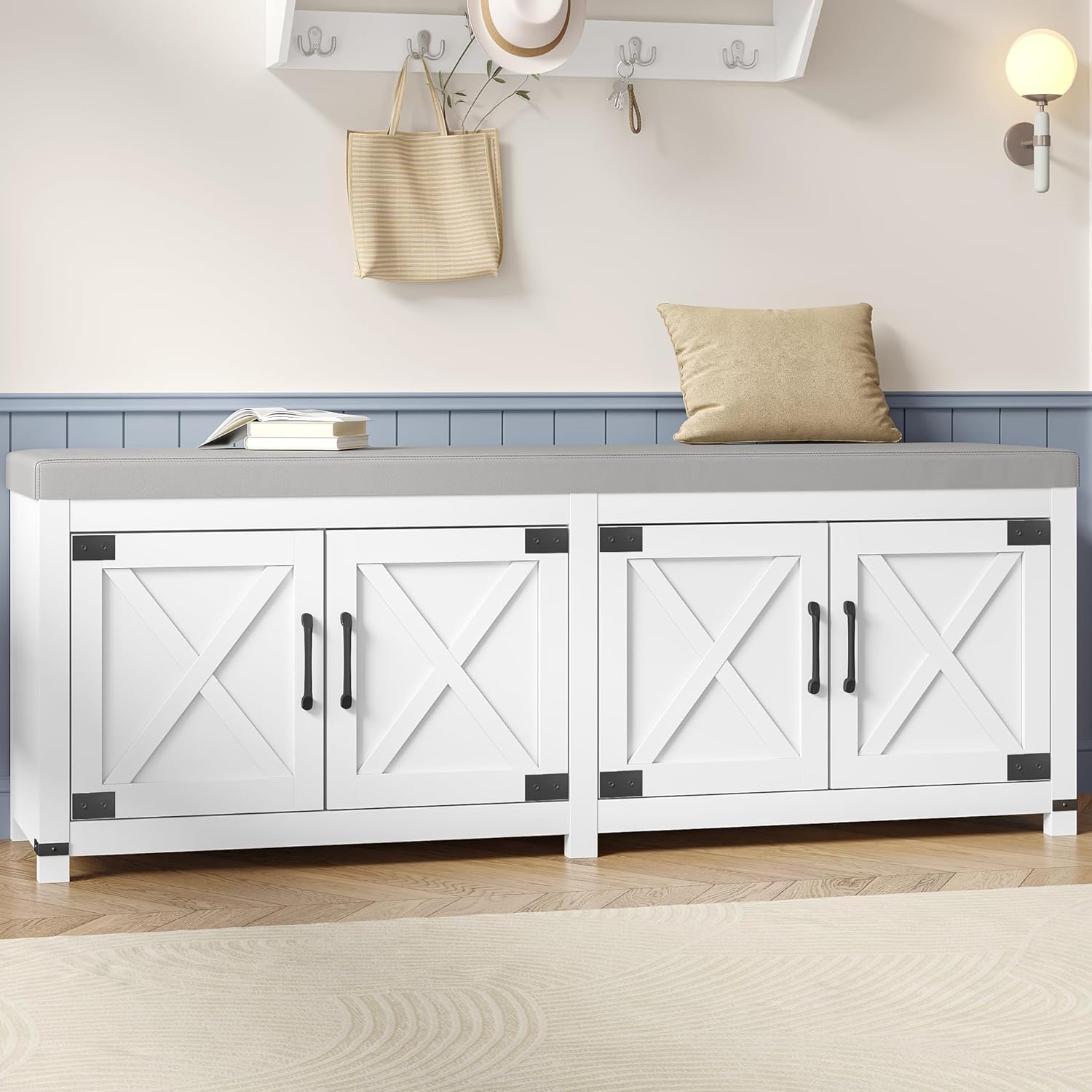 Hzuaneri Shoe Storage Bench, 2 Tier Shoe Bench with Padded Seat Cushion & 4 Barn Doors, 59' Entryway Bench with Adjustable Shelf, Farmhouse Shoe Cabinet for Living Room, Bedroom, White SB31503GY