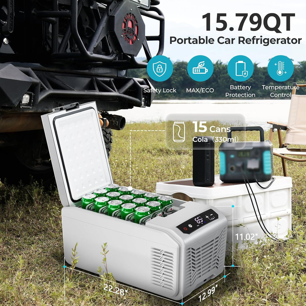 Electactic 12 Volt Electric Cooler, 15.79QT(15L) Car Fridge, Portable Refrigerator with Intelligent Control Panel, 12V Cooler -4℉~68℉, Portable Freezer AC/DC for Camping, Travel, Truck