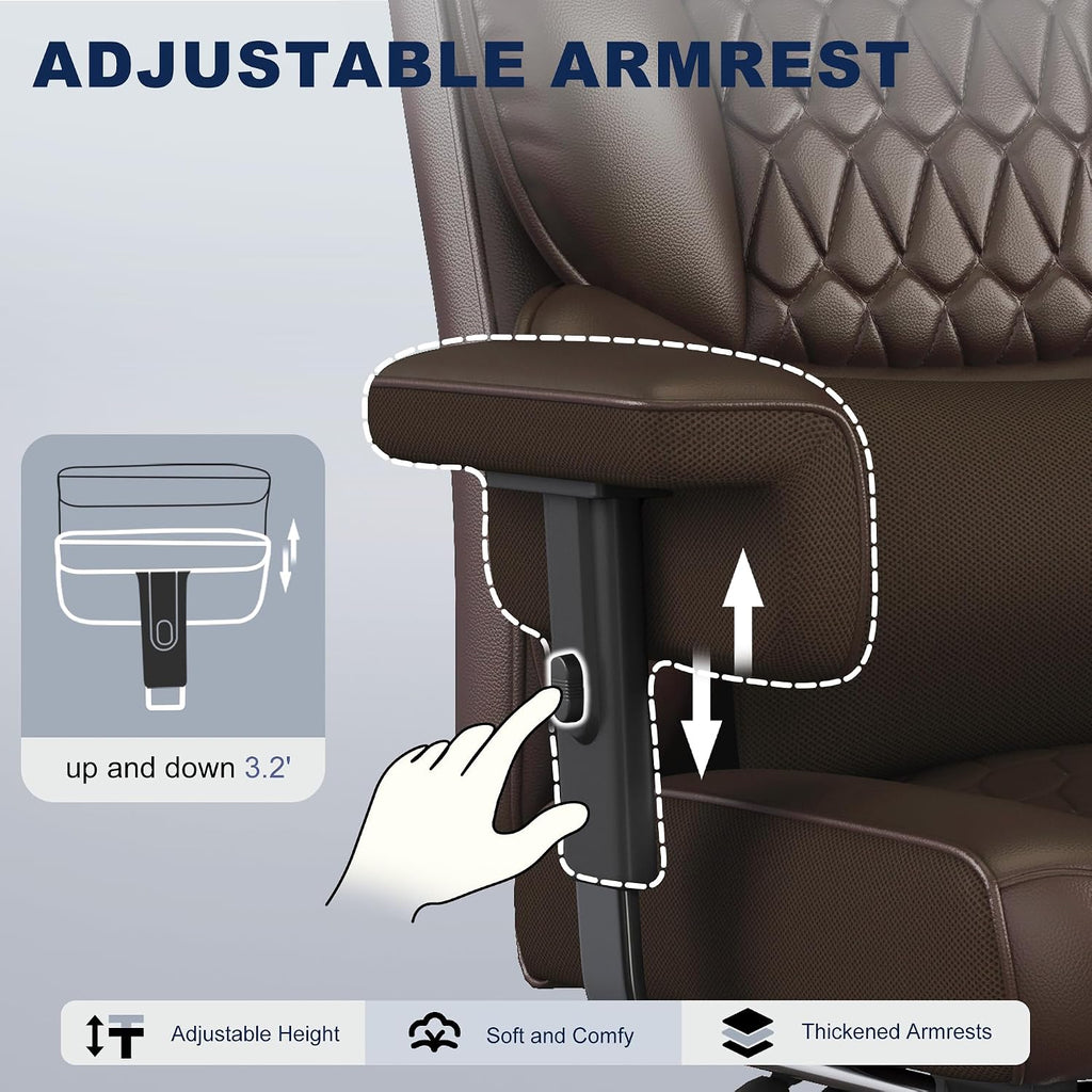 Misolant Big and Tall Office Chair with Footrest, High Back Executive Desk Chair with Adjustable Lift Armrest, 155°Recline，Lumbar Support Pillow, Faux Leather Gaming Chairs for Home or Office Brown