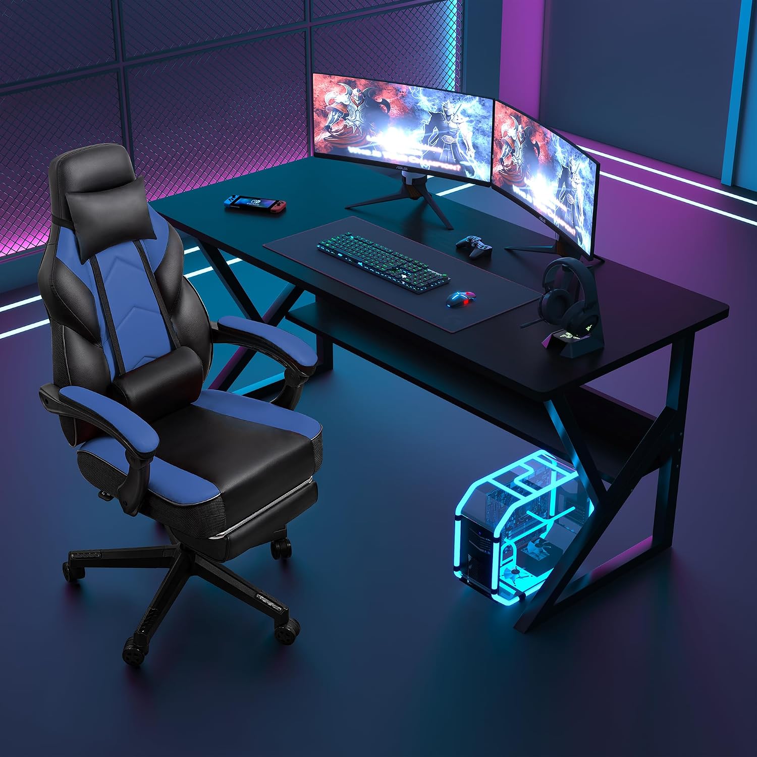 SUNLEI Gaming Chair for Adults, Ergonomic PU Leather Office Chair with Headrest & Footrest, Video Game Chairs with Massage Lumbar Support, Height Adjustable Computer Chair with 360° Swivel, Blue