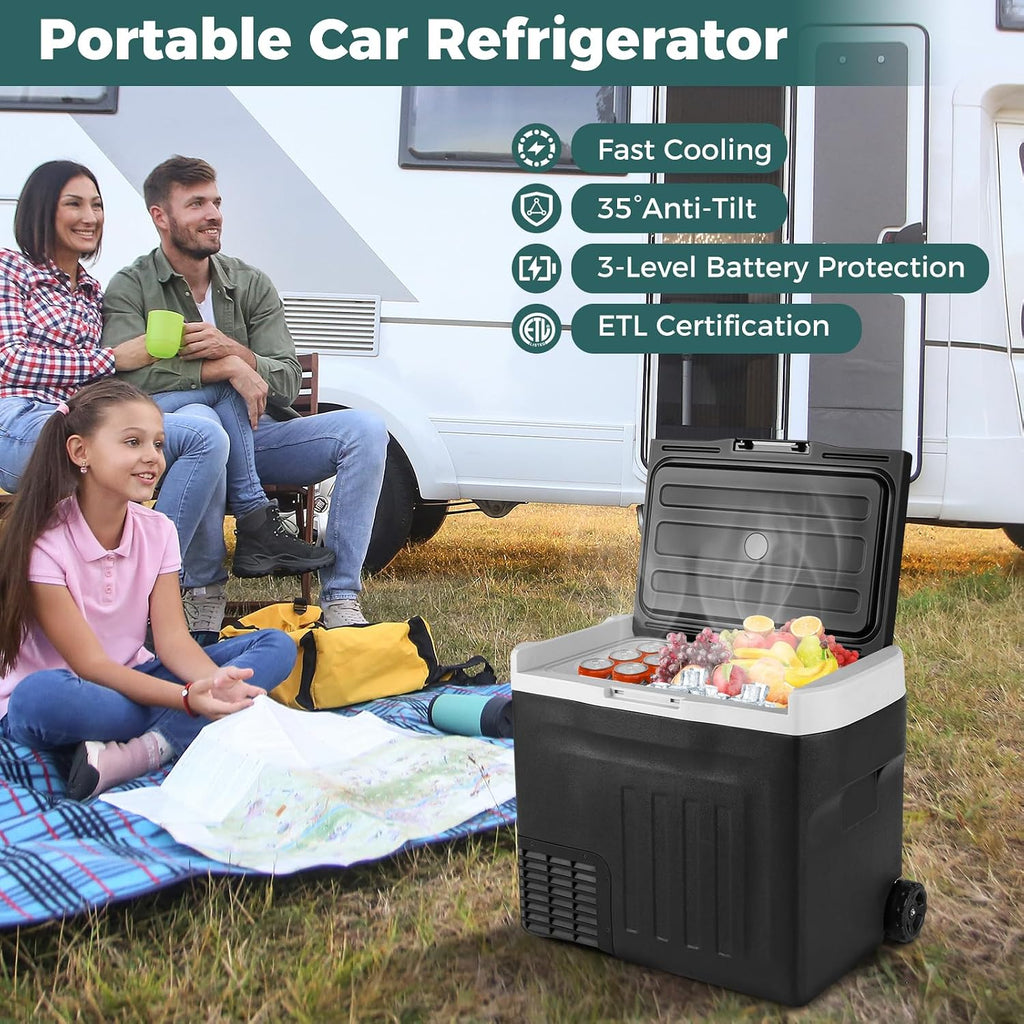 COSTWAY Portable Car Refrigerator, 42-quart Car Fridge with Adjustable Range -4℉~68℉, 12/24V DC 100-240V AC Electric Cooler Freezer with Divider for Camping, RV, Travel, Fishing, Home, Black
