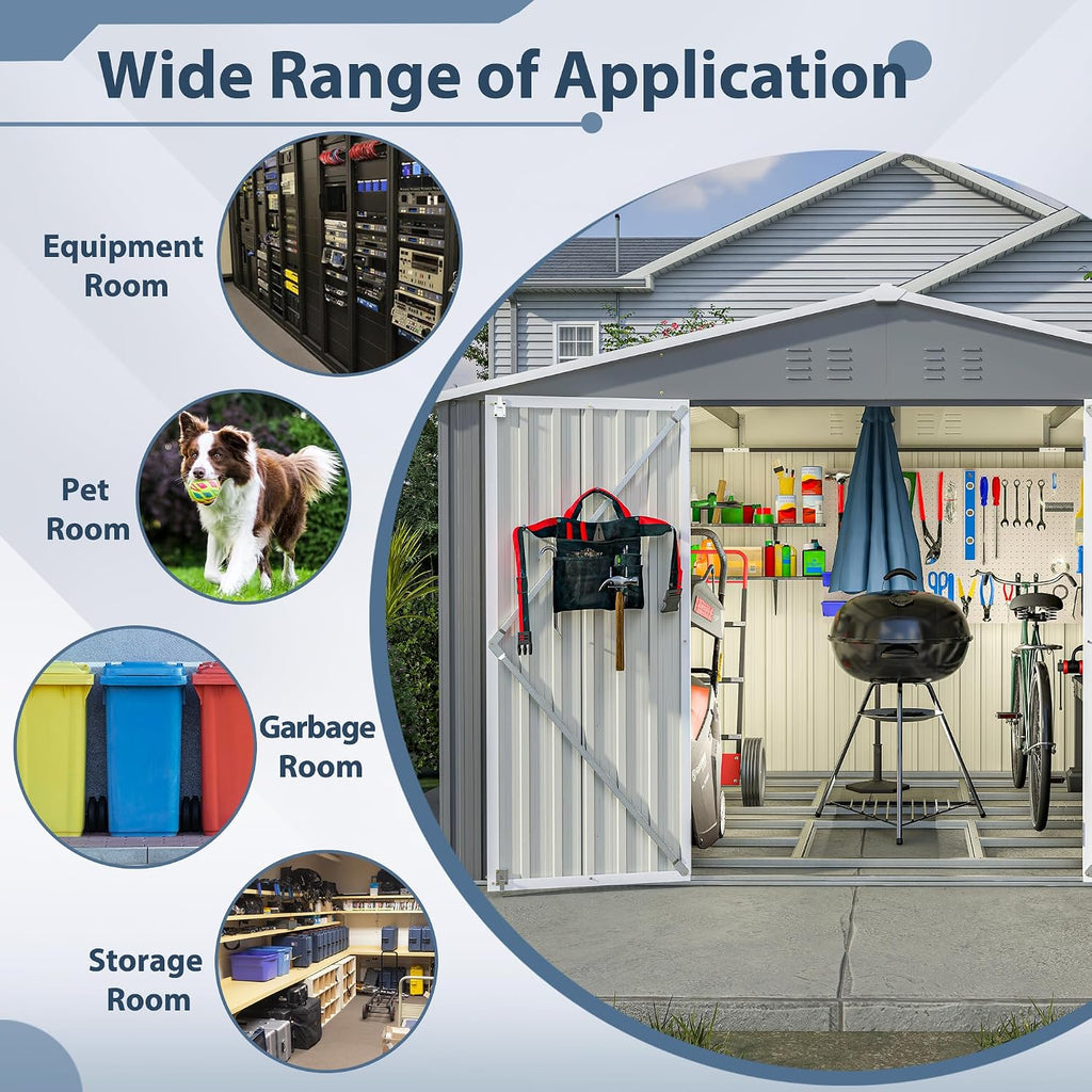 8x10 FT Outdoor Storage Shed, Metal Garden Shed with Frame Floor, Outside Tool Shed with Lockable Hinged Doors, Waterproof Storage Building with Sloped Roof for Backyard, Patio, Lawn, Gray