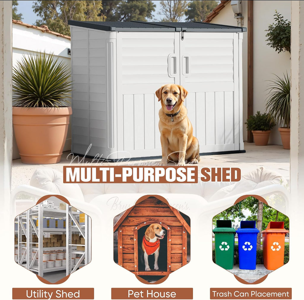 TUOZE 34 Cu Ft Resin Storage Shed with 2 Shelves, Waterproof Outdoor Storage Cabinet with Sloping Roof & Lockable Lid for Garden Tools, Trash Cans (Beige)