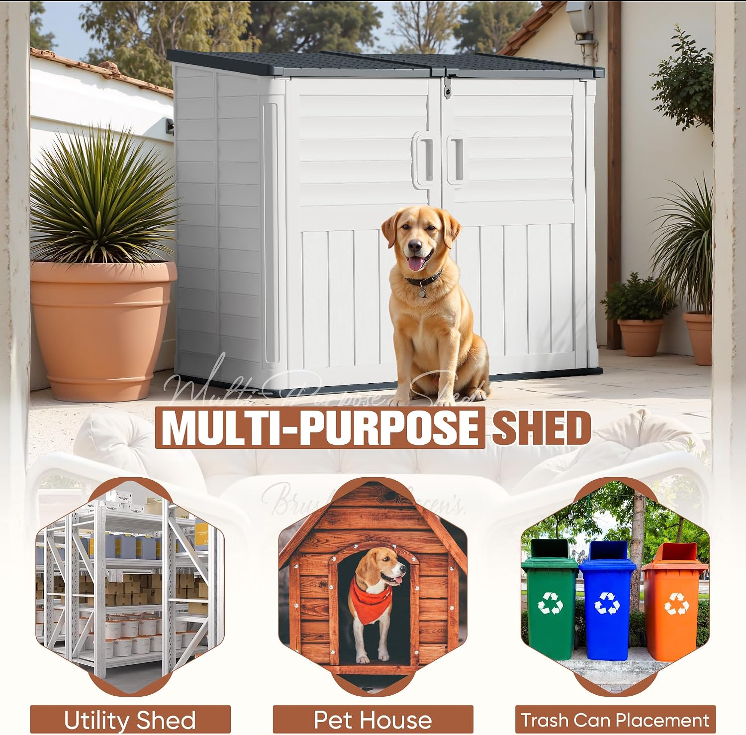 TUOZE 34 Cu Ft Resin Storage Shed with 2 Shelves, Waterproof Outdoor Storage Cabinet with Sloping Roof & Lockable Lid for Garden Tools, Trash Cans (Beige)